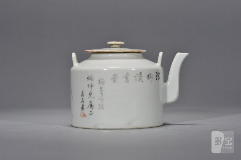 清同治 程友石墨彩山水僧帽壶 - 图4